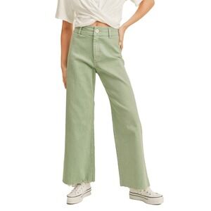 Miou Muse Straight Wide Leg‎ Denim Raw Hem High Waist Casual Sage Green Large